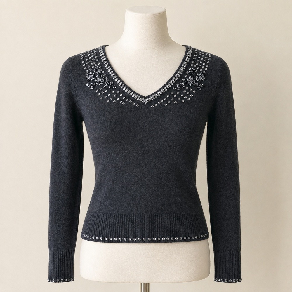 Worthington Sweater Size Small Black Sequin Beaded V-Neck Long Sleeve Knit